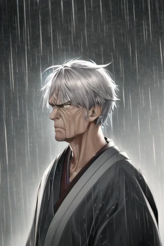 cabello corto, enojado, Obra maestra, anciano, kimono, lluvia